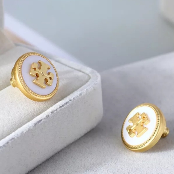 Tory Burch Gold & White Logo M. O. Pearl Earrings - Picture 4 of 6